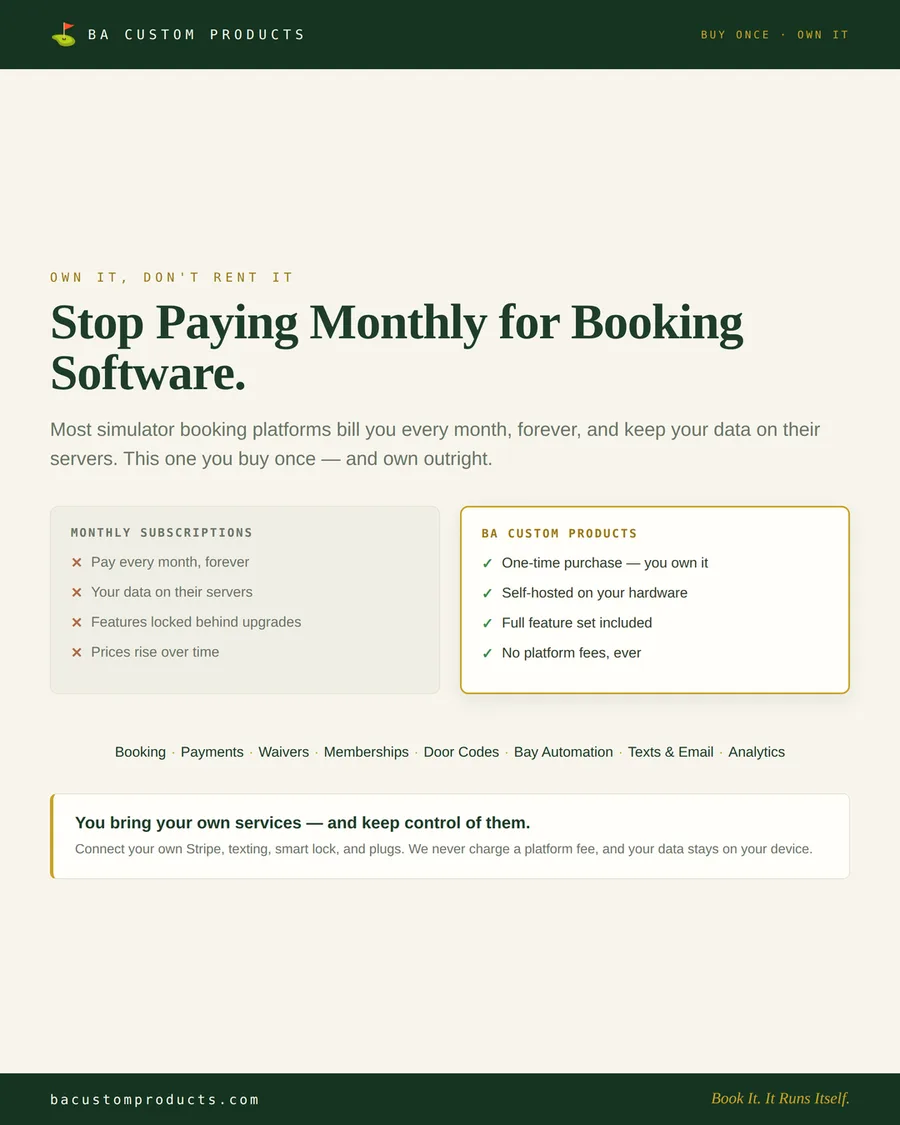 Golf simulator booking software comparison — one-time purchase you own vs monthly subscription platforms
