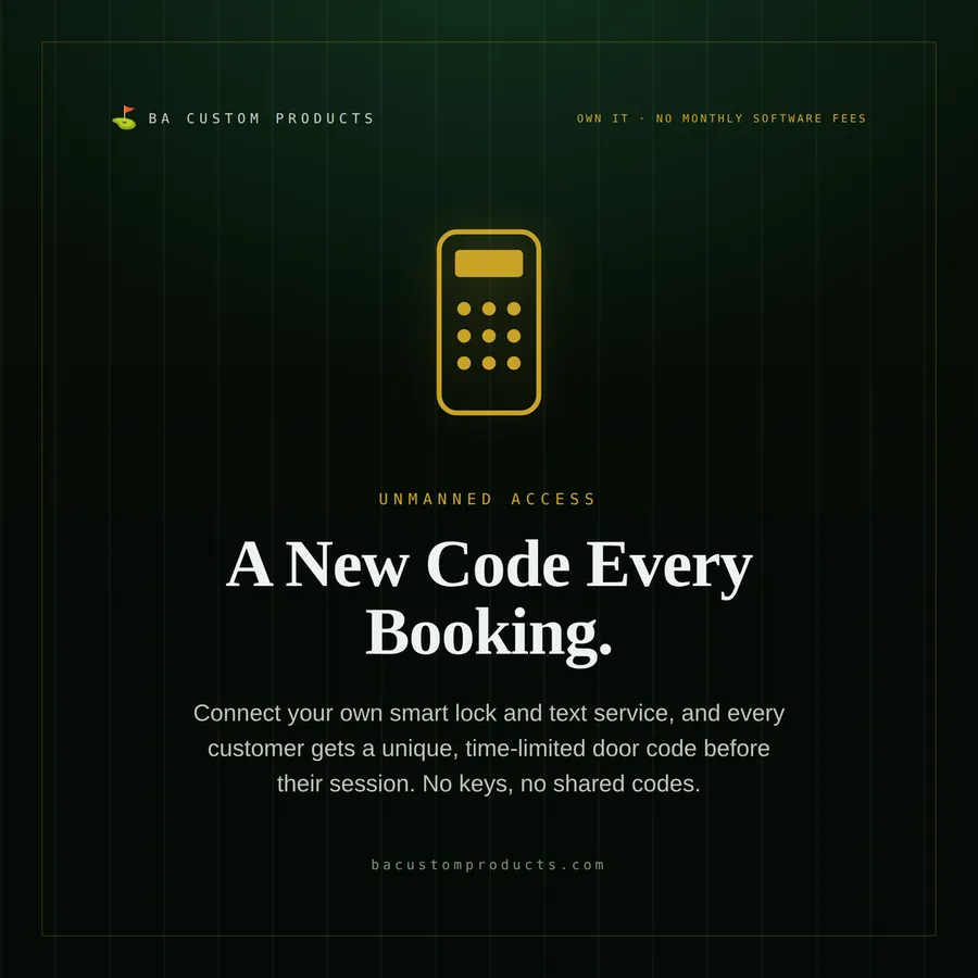 Unmanned golf simulator access — a unique, time-limited door code issued for every booking through a smart lock