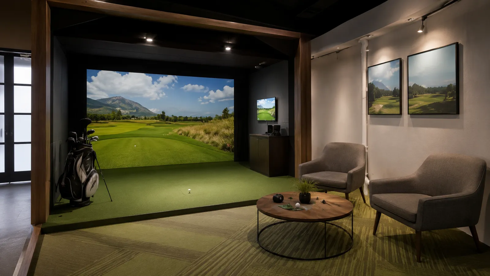 Golf simulator marketing website gallery — lounge bay photo section