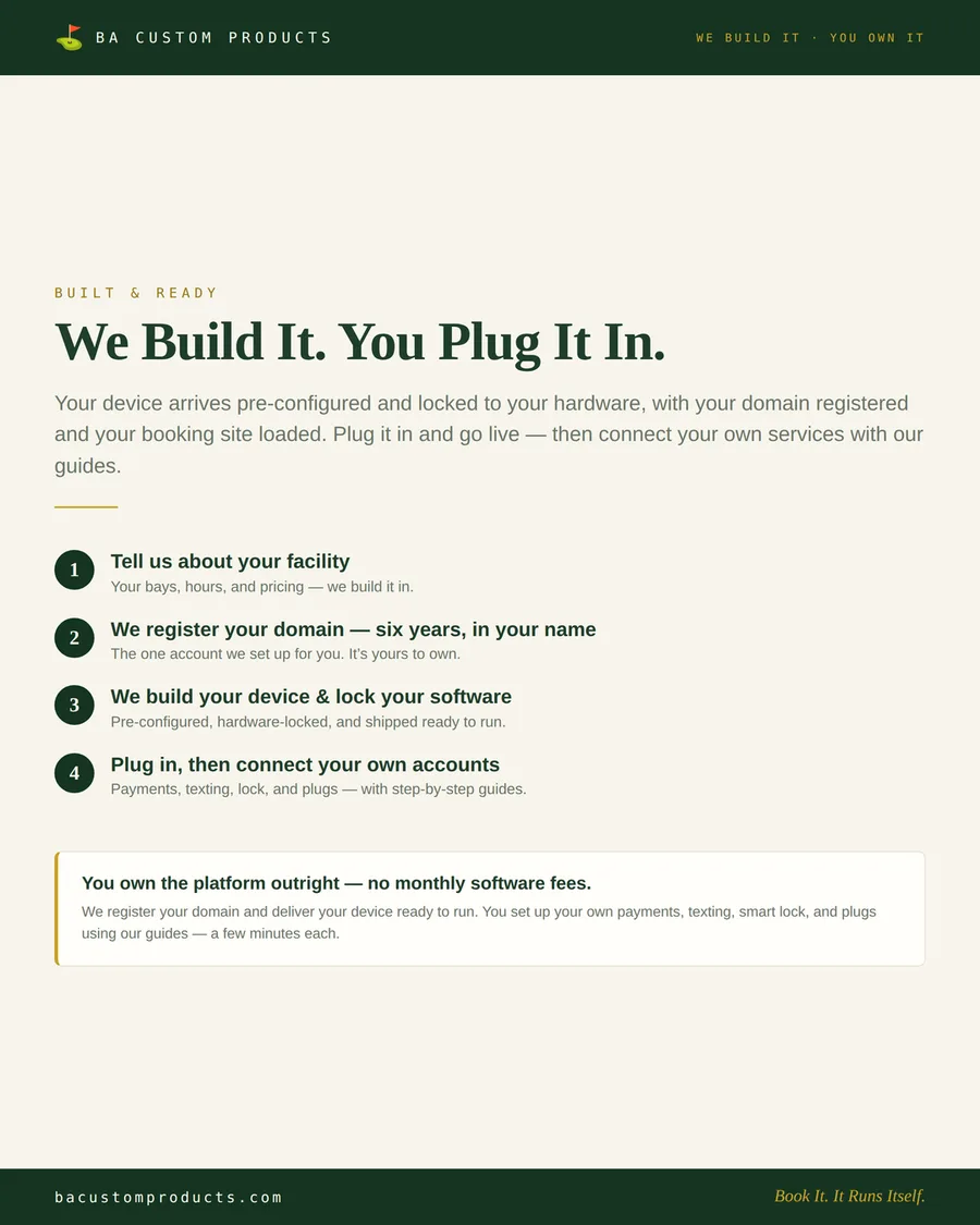 Turnkey golf simulator booking system setup — pre-built device, domain registered in your name, plug it in and go live